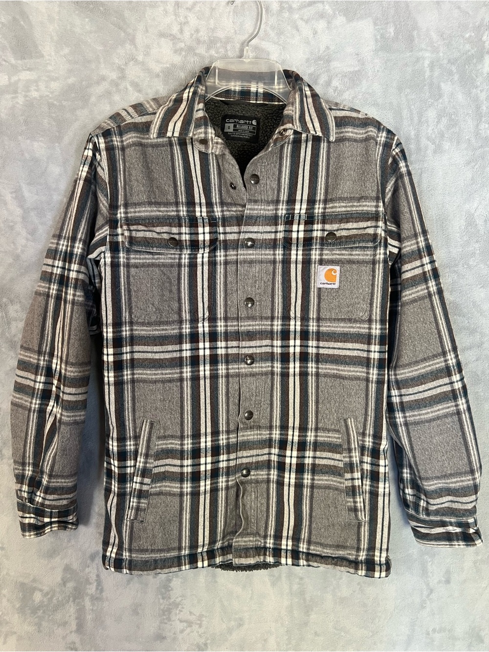 Carhartt Mens Small Gray Plaid Sherpa Lined Flannel Shirt Jacket Shacket TJ4452